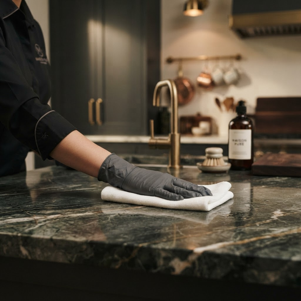 Gloved hand polishing a dark marble kitchen countertop