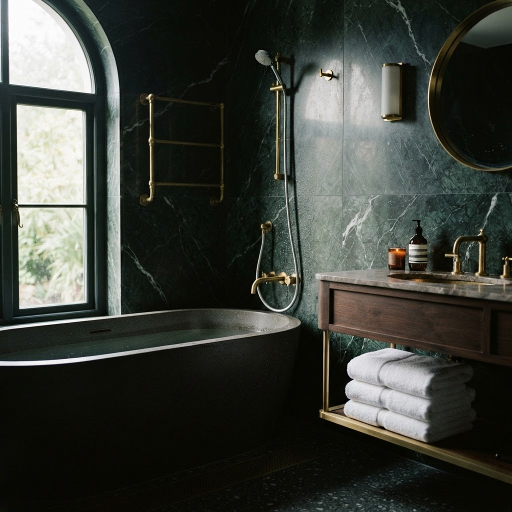 Pristine luxury bathroom with green marble and brass fixtures