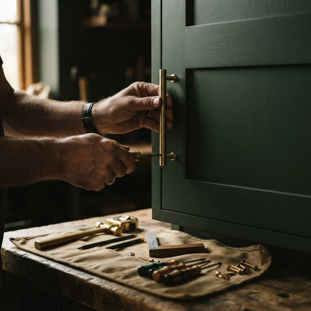 Craftsman installing a brass handle on dark green cabinetry